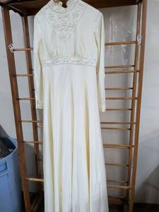 lot 201 image: Cream Long Sleeve Dress with Beaded Neckline and Waist Trim