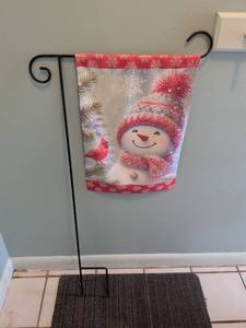 lot 112 image: Snowman Holiday Garden Flag with Cardinal and Snowflakes
