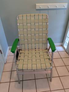 lot 114 image: Lawn Chair with Woven Seat and Back Green Armrests