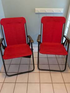 lot 115 image: Folding Lawn Chairs with Red Fabric Seat and Back, Pair of 2