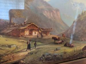 lot 127 image: Framed Mountain Valley Landscape Print with Cabin and Figures