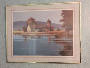 lot 132 image: John E. Bradley Framed Pastoral Landscape Print Farmhouse Water