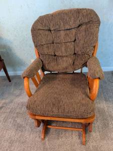 lot 134 image: Gliding Rocking Chair with Ottoman Brown Upholstery Orange Wood Frame