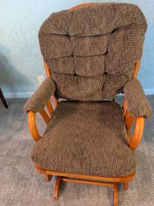 lot 134 image: Gliding Rocking Chair with Ottoman Brown Upholstery Orange Wood Frame