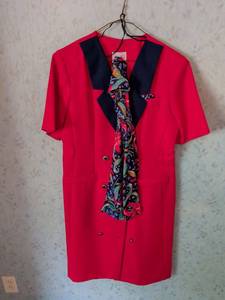 lot 246 image: Red Short-Sleeve Blazer Dress with Black Lapels and Patterned Tie