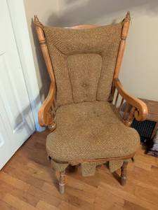 lot 295 image: Upholstered Wingback Rocking Chair with Wooden Frame and Turned Legs