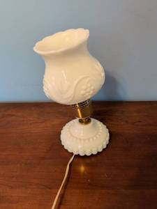 lot 352 image: Milk Glass Table Lamp with Brass Accent and Floral Shade
