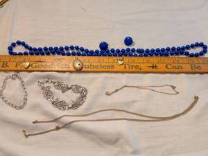 lot 388 image: Jewelry Lot Blue Beaded Necklace Silver Leaf Bracelet Chains Pendants