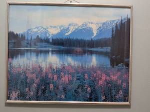 lot 422 image: Framed Landscape Print Mountain Lake Wildflowers Snow-Capped Peaks