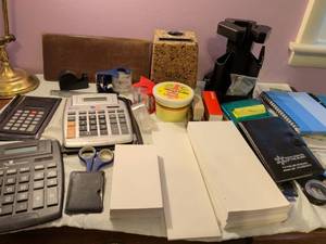 lot 431 image: Vintage calculators Staples stapler pins pencils highlighters notepads scissors