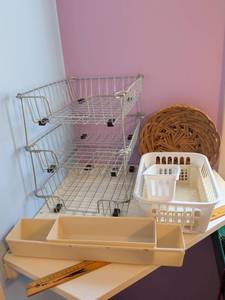 lot 460 image: 3-Tier Wire Shelving Baskets with Plastic Storage Bins Organizer Lot