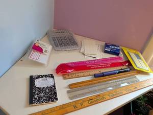 lot 465 image: Office Supply Lot Rulers, Labels, Composition Notebook, Calculator, Pen