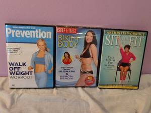 lot 502 image: Lot of 3 Fitness DVDs Prevention Walk Off Weight, Self Fitness Bikini Body, Arthritis Workout Sit and Be Fit