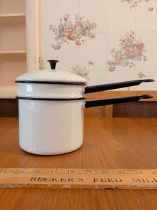 lot 555 image: White Enamelware Double Boiler 2-Piece Set with Black Handles