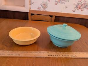 lot 577 image: Fiesta 2-Piece Dinnerware Set Yellow Bowl Turquoise Covered Casserole