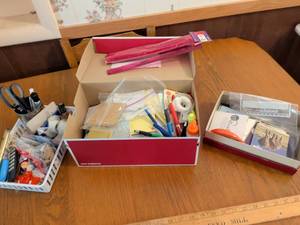 lot 581 image: Office Supply and Craft Lot with Desk Organizer, Rulers, Tape, Writing Supplies