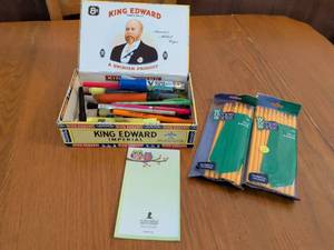 lot 583 image: King Edward Imperial Cigar Box with Art Supplies and Office Works Pencils Lot