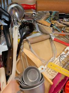 lot 603 image: Kitchen Gadget and Utensil Lot Whisk Spatula Strainers Measuring Cups Wooden Handles