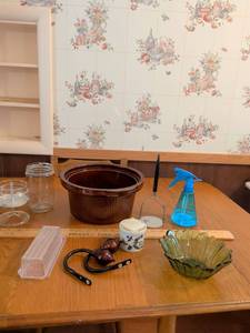 lot 651 image: Kitchen Lot Crock-Pot insert, Glass Jars, Utensils, Spray Bottle, butter dish, bowls, candle and more