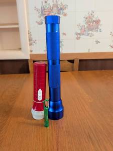 lot 654 image: 2 Flashlights Red and Blue with Green Carabiner Clip