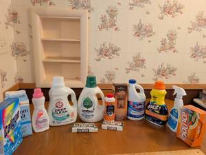 lot 676 image: Cleaning Supplies Lot Detergents, Disinfectants, Wood Care, Stain Removers (calgon water softener has very little in it)
