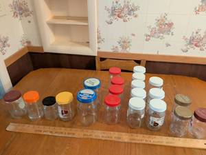 lot 682 image: Lot of 3 plastic Jars the rest are glass with Assorted Colored Lids