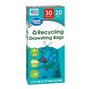 lot 696 image: Great Value Blue Recycling Trash Bags, 30 Gallon, 20 Bags (Drawstring)