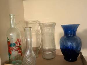 lot 708 image: Glassware Lot 5 Pieces Vases Pitcher Bottle Clear Blue