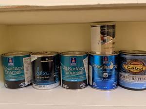 lot 737 image: Paint Lot 6 Cans Sherwin Williams Benjamin Moore Cabot Ark Kensington