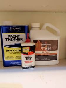 lot 740 image: Lot of 3 Paint & Wood Supplies Crown Paint Thinner Benjamin Moore Stain Oil