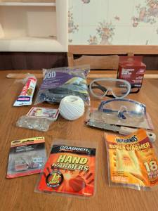 lot 743 image: Mixed Lot Craft Supplies Hand Warmers Safety Glasses Tape Caulk Rope