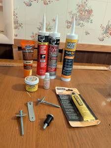 lot 744 image: Home Repair & Finishing Supplies Lot Wood Filler, Sealants, Caulk, Putty, Hardware