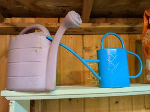 lot 858 image: Novelty Watering Can 5 Gallon Pink with Blue Watering Can Lot