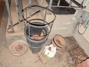 lot 882 image: Metal Basket Planter with Terracotta Pots