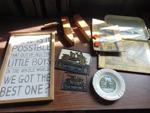 lot 3301 image: Advertising calendars, trays and wood clamp