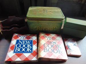 lot 3302 image: Tin bread box with cookbooks