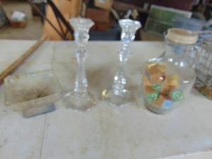 lot 3314 image: Juice bottle with wooden blocks, candle holders