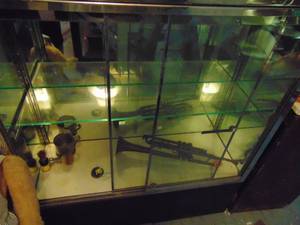 lot 3398 image: Contents of Display case - Brass Horn and Teddy Bear