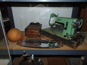 lot 3424 image: Contents of Shelf - Oak Phone and Sewing Machine