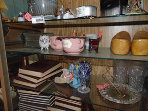 lot 3451 image: Contents of Shelf - -Wooden Shoes and Dog House