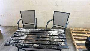 lot 18160 image: Outdoor Patio Dining Set with 2 Mesh Chairs and Slatted Table ( gently used but table top is weathered ) - Retail $0