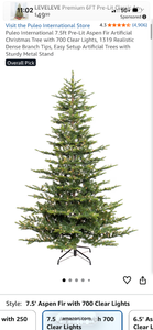 Puleo International 7.5ft Pre-Lit Aspen Fir Artificial Christmas Tree 700 Clear Lights - Retail: $260