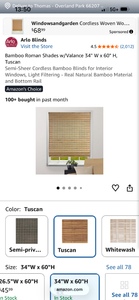 lot 18212 image: Arlo Blinds Bamboo Roman Shades wValance 32W x 60H Tuscan Cordless - Retail $0
