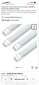 lot 18218 image: JESLED 4FT LED T8 Type AB Tube Lights 28W 4060LM 6500K 4-Pack ( one bulb bent. See pic) - Retail $45