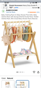 lot 18234 image: BAMBOOHOMIE Baby Clothing Rack Double Rod Storage Shelf Natural - Retail $0