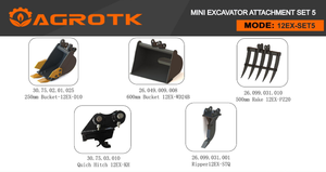 lot 76019 image: 5 Piece Mini Excavator Attachment Set with 2 Buckets, Ripper, Rake & Quick Coupler (12EX-SET5)