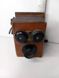 lot 42 image: Wooden Wall Mount Telephone with Bell Pencil Sharpener