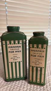 lot 1001 image: Vintage Mennen Talcum For Men Talc Powder Shaker Bottles