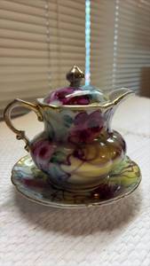 lot 1017 image: Porcelain Teapot with Lid and Underplate, Floral Design, Gold Trim