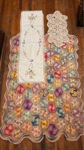 lot 3017 image: Lot of 3 Decorative Table Linens with Embroidered and Crocheted Details